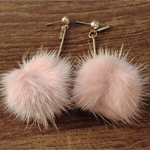 Soft Pink Pom Pom Faux Fur Drop Earrings Gold Tone Kawaii Y2K Dangles